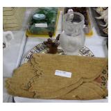 Ceramic owl plate, six grain sack Owl placemats, O