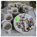 Mid Century brown owl luncheon plates & six coffee