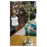 Brass swing arm parlor lamp with ceramic shade and