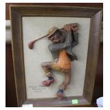 Duff Tweed wood carved framed 3D art of golfer