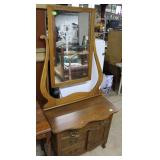 Oak wash stand with harp mirror, three drawers & s