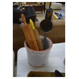 White glazed 1 gallon crock, rolling pin, pastry