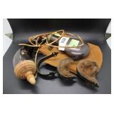 Two powder horns, three metal hooks & leather pouc