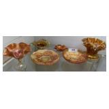 Five pcs Orange carnival glass incl ruffle vases &