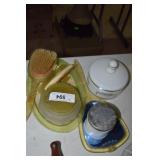 Vintage ladies dresser tray, mirror brush, & powde