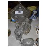 Pedestal dish, crystal perfume bottles, & two hold