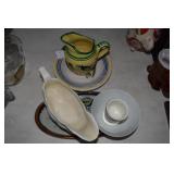 Porcelain lot: pitcher, gravy boat, Crane rice bow