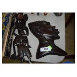 Thee wood carved figural: shadow portrait, & 2 fig