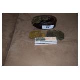 Three brass belt buckles (American Express, Smith