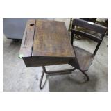School house desk with inkwell. Lift top all wood