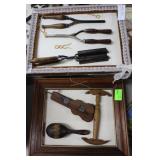 Two shadowbox displays of antique tools