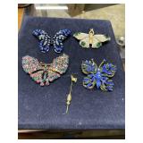 Four Costume vintage rhinestone butterfly pins &