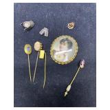 Ladies enamel portrait pin, 4 stick pins incl