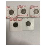Five coins: Buffalo nickels (1927, 1937, 1937)