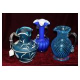 Three blue art glass pcs - two pitchers & double