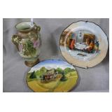 Nippon HP pink floral double handled vase, & two