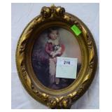 Little boy w/ dog, ornate oval gold frame, 15" x
