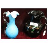 Hand blown green glass pitcher, & blue art glass