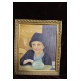 Framed oil on canvas of scholarly child signed