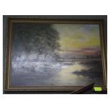 Original oil on canvas of cows at waters edge