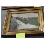 European bridge to city scene. Petite oil on board