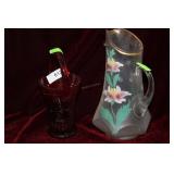Ruby glass basket & HP floral pitcher