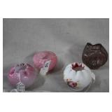 Four glass rose bowls: pink satin quilted bowl,