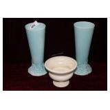 Pair Clarice Cliff blue 10.5" H vases & squat
