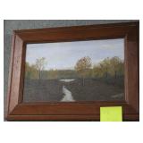 Framed oil on board of Fall creek scene
