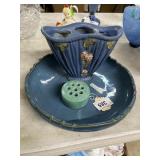 3pcs pottery - Roseville blue center bowl, flower