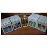 Four Goebel bells in original box, & Goebel hiker