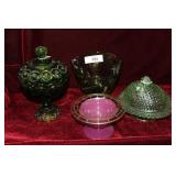 4pcs art glass - Pinched hand blown green vase,