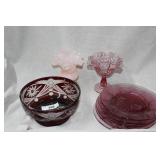 Seven pcs pink & red glassware- pink hand blown