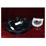 Blue pierced edge center bowl on pedestal &