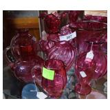 Eight pcs Cranberry glassware - ruffle top vases,