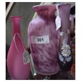 Three pcs amethyst glassware - two bud vases &