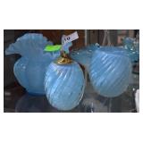 Four pcs powder blue glassware: ruffle top vase,