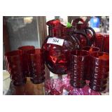 Ruby pitcher & six juice glasses