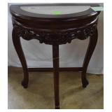 Demi-lune entry table, carved apron & legs, dark