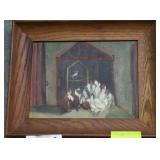 Framed oil on board of Chickens in house