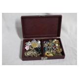 Jewelry box with floral pins & assorted necklaces