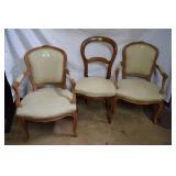 3 contemporary chairs, ornate wood frames,