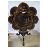 Pedestal tilt top lacquered Asian themed, radius