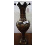 Ornate  lg. etched brass vase, floral pattern,