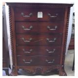 5 drawer hi-boy chest, turned rope trim, claw