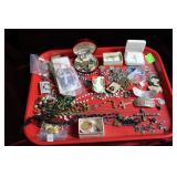 Tray costume jewelry mostly religious incl rosary