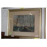 Framed lithograph birch forest artist marked