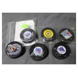 Six Hockey pucks: New York Rangers, Boston