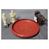 Pair Chinese soapstone carved figures, cast metal