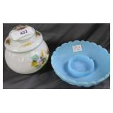 HP lidded jar & Fenton blue milk glass bowl